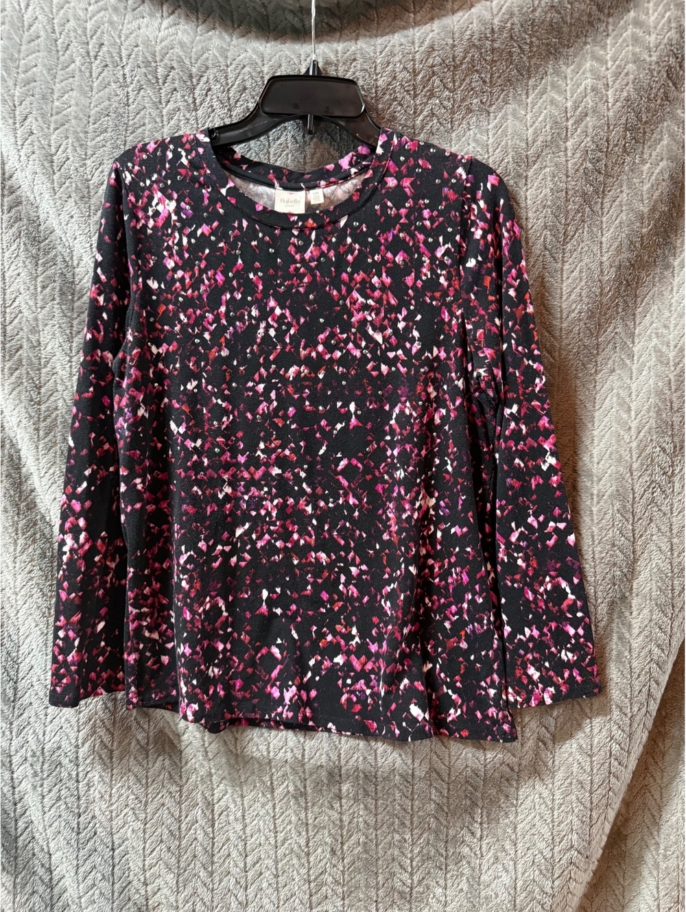 Rafaella Sport Long Sleeve Black and Pink Patterned Top with Studs Size L